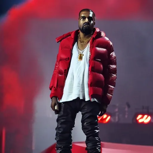 Image similar to kanye west wearing a red puffer jacket and red pants, standing in a stadium