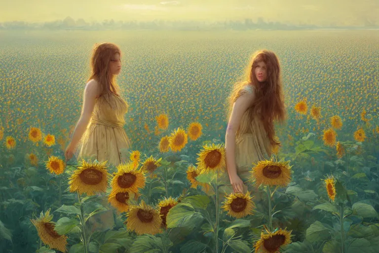 Prompt: a beautiful painting of the sea of sunflowers, girl, by greg rutkowski, trending on artstation