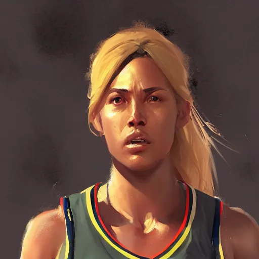 Image similar to painting of an woman basketball player, greg rutkowski, cg worker artstation