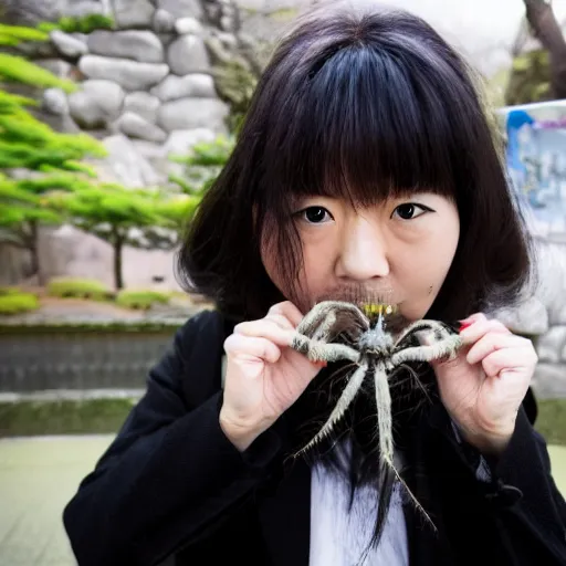 Image similar to National Geographic photo of angry japan school girl with spiders in her mouth