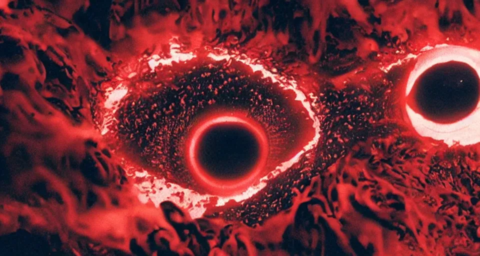 Image similar to a volcano made of ivory vines and crimson rocks enters in eruption, it spits a smoke in the shape of demonic eye, by Hideaki anno