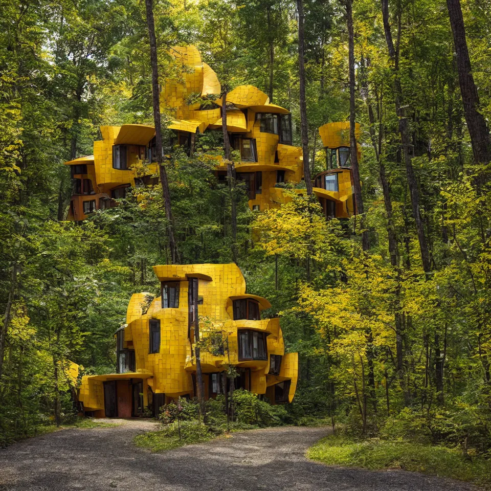 Image similar to a house in a taiga forest, designed by Frank Gehry. Tiles. Gravel pathway with parking. Film grain, cinematic, yellow hue