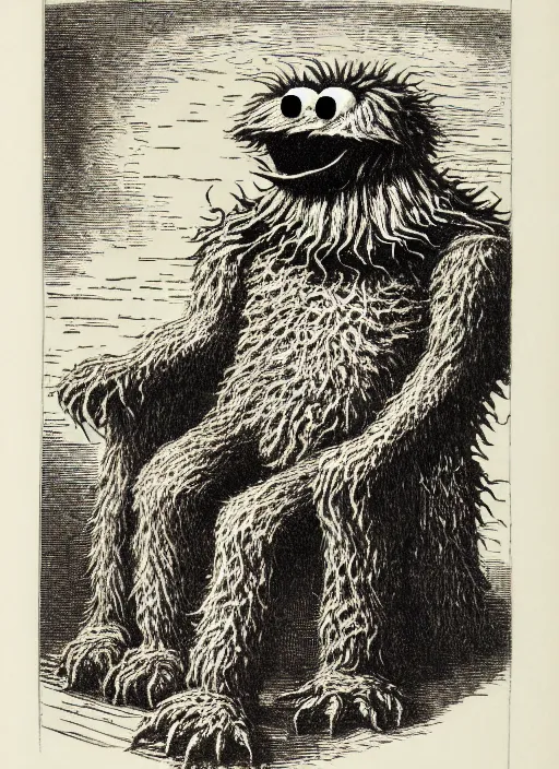 Image similar to cookie monster sitting on a throne, demon from the dictionarre infernal, etching by louis le breton, 1 8 6 9, 1 2 0 0 dpi scan, ultrasharp detail, clean scan