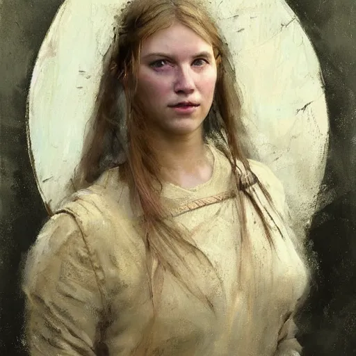 Image similar to Richard Schmid and Jeremy Lipking portrait painting of A shield-maiden (Old Norse: skjoldmø [ˈskjɑldˌmɛːz̠]) was a female warrior from Scandinavian folklore and mythology. Shield-maidens are often mentioned in sagas such as Hervarar saga ok Heiðreks and in Gesta Danorum. They also appear in stories of other Germanic peoples: Goths, Cimbri, and Marcomanni.[1] The mythical Valkyries may have been based on such shield-maidens.[ full-figure