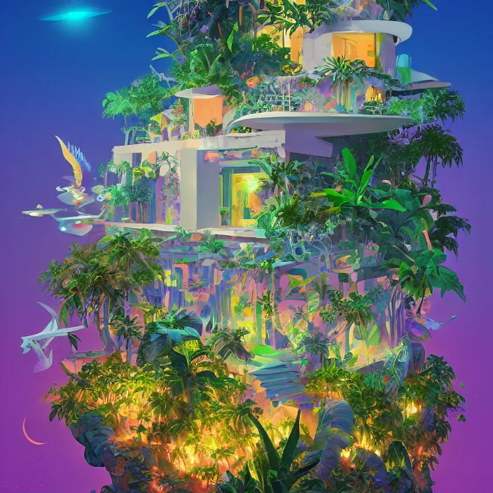 Image similar to a luminescent tropical cottage by paolo eleuteri serpieri and tomer hanuka and chesley bonestell and daniel merriam and tomokazu matsuyama, unreal engine, high resolution render, featured on artstation, octane, 8 k, highly intricate details, vivid colors, vector illustration