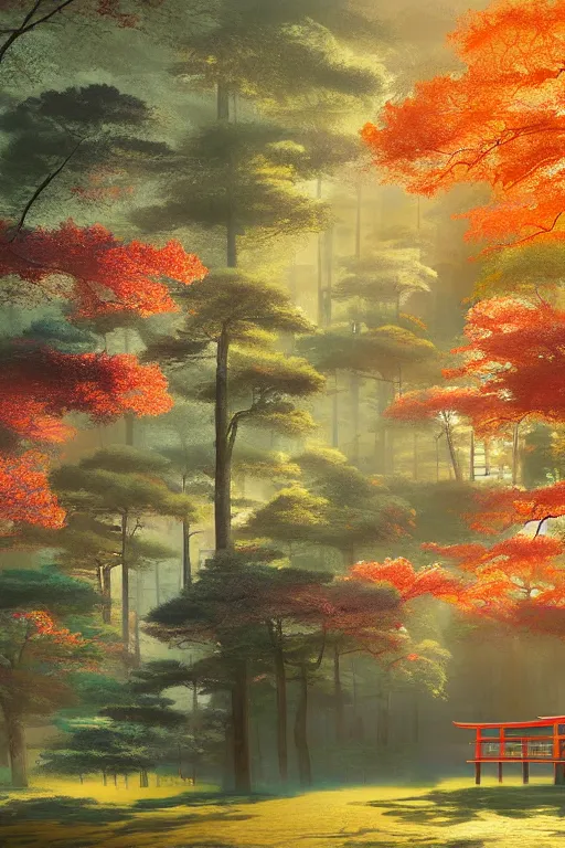 Image similar to traditional elegant delicate Japanese Torii in a colorful magic moutain with trees ,morning , sunshine ,by Grzegorz Rutkowski, concept art