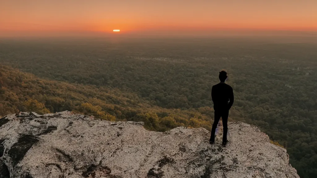 Prompt: a dramatic movie still of a man standing on the roof of a car parked on the edge of a tall cliff at a beautiful sunset, golden hour