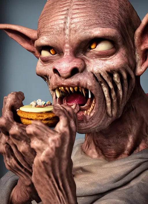Prompt: closeup profile face portrait of a medieval goblin eating cakes in the cloisters, depth of field, zeiss lens, detailed, symmetrical, centered, fashion photoshoot, by borsch, giger, breathtaking, 8 k resolution, extremely detailed, beautiful, establishing shot, artistic, hyperrealistic, beautiful face, octane render