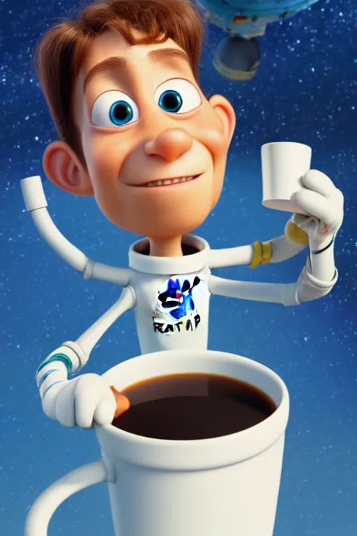 Image similar to portrait of a astronaut holding a cup of coffee with the space in background, full body. pixar disney 4 k 3 d render funny animation movie oscar winning trending on artstation and behance, ratatouille style