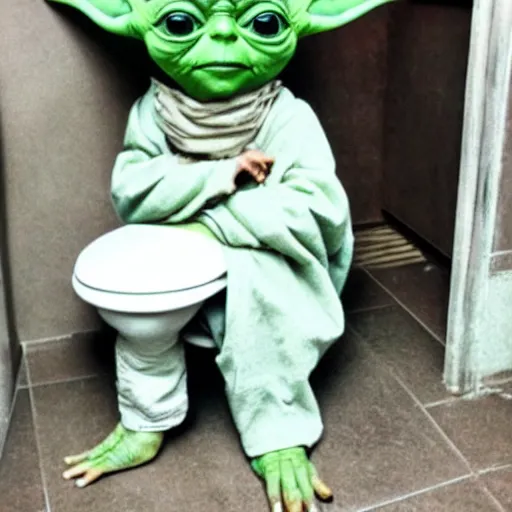 Image similar to yoda sitting on toilet