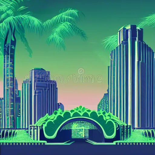 Image similar to art deco vaporwave illustration of a green park in a futuristic pastel city