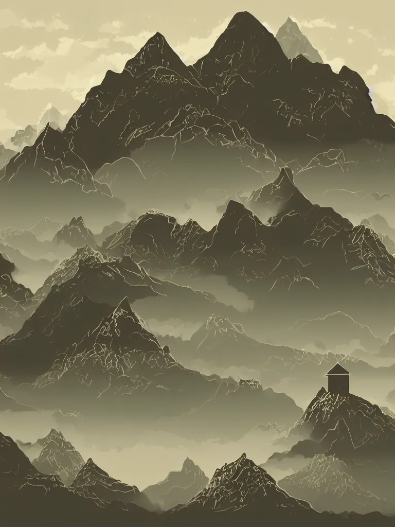 Image similar to surreal mountains with little house on top. vector by disney concept artists, blunt borders, rule of thirds