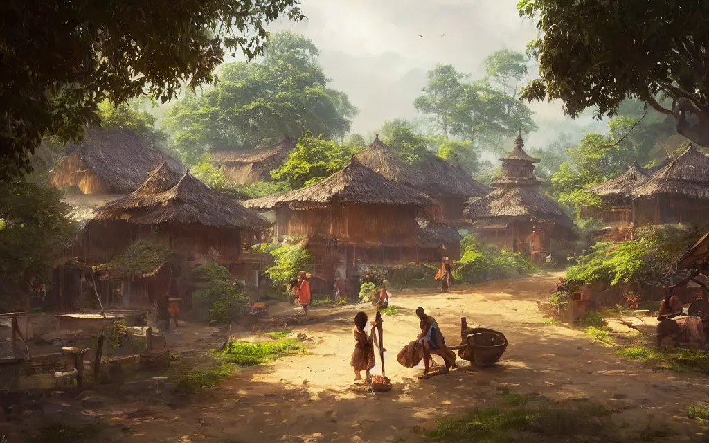 Image similar to kerala village, sharp focus, wide shot, trending on artstation, masterpiece, by greg rutkowski, by ross tran, by fenghua zhong, octane, soft render, oil on canvas, colorful, cinematic, environmental concept art