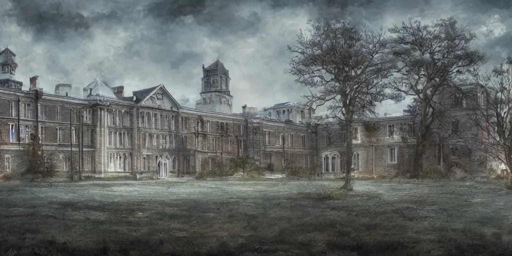 Image similar to Lunatic Asylum, by WLOP, exterior, majestic, realistic, detailed, epic scenery, ominous