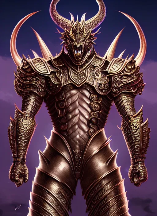 Image similar to muscular and tall humanoid dragon!!!! draconian!! intricate ornate iridescent heavy armor!! character concept art, sharp focus, octane render! unreal engine 5! highly rendered!! trending on artstation!! detailed linework!! illustration by artgerm, wlop, and chie yoshii