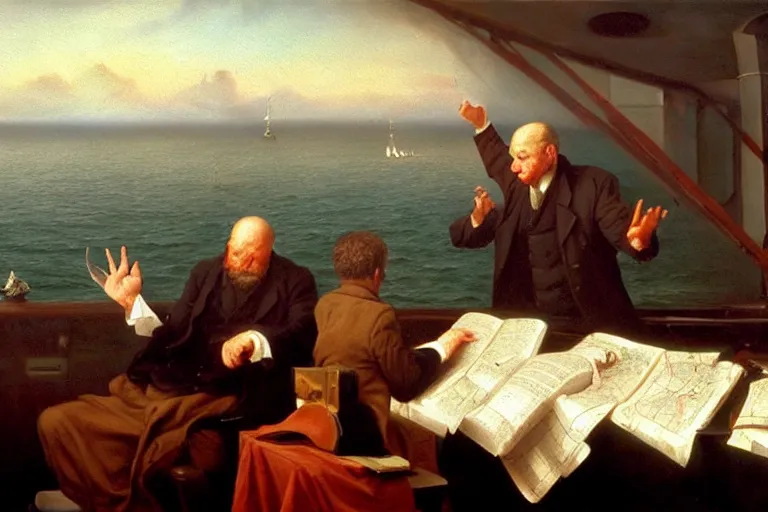 Image similar to ( ( a beautiful 8 k photorealistic masterpiece oil painting ) ( of ( a man lecturing on navigation while the ship is sinking ) ) ( hyperrealism ) ( 1 6 k ) ( trending on artstation )