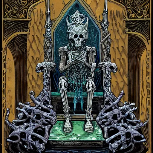 Image similar to A lich sitting on the throne made of bones, magical glow, intricate, sharp details