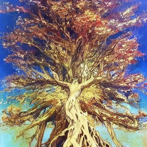 Image similar to an amano oil painting of a very wonderful perfect amazing incredible glorious beautiful mind flowing giant tree of heavenly grace