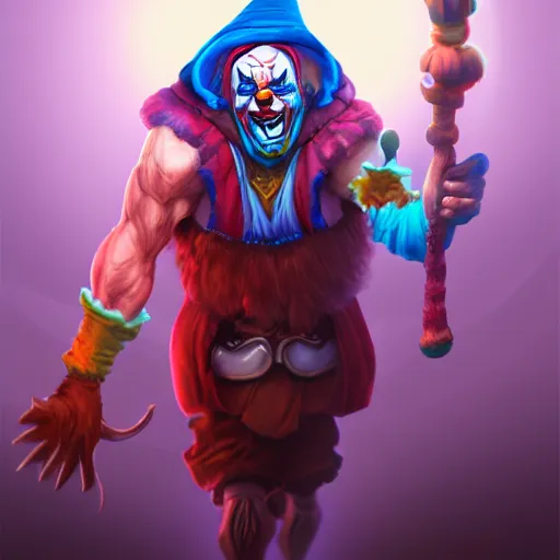 Prompt: buff wizard clown, digital painting, digital art, artstation, devian art, 4 k, hd