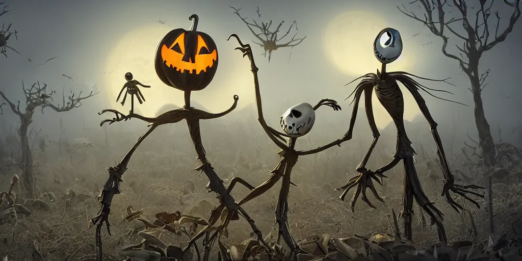 Image similar to a scene from tim burtons nightmare before christmas, halloween town, illustration, reality, wide shot, light colors, highly detailed, sharp focus, cinema 4 d, 3 d, octane render