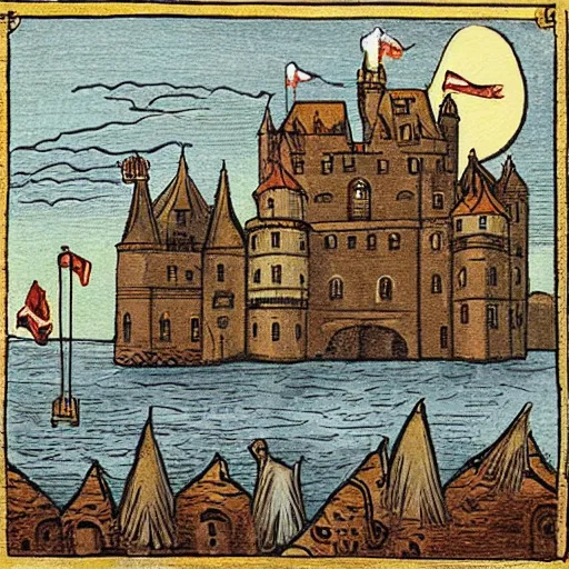 Prompt: Illustration of a medieval floating castle