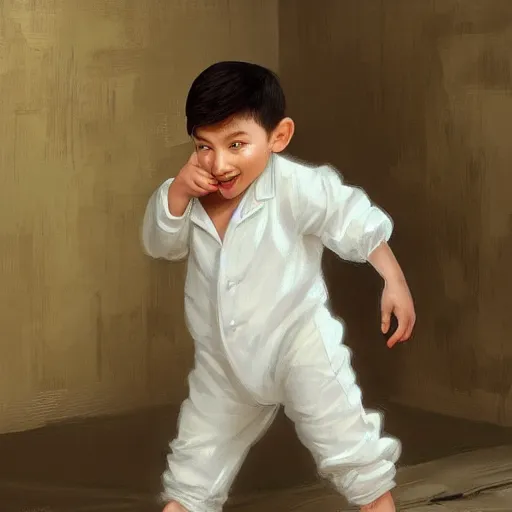 Image similar to young boy wearing white fabric pajama with cartoon paintings on it. standing and looking on a small furry smiling monkey. highly detailed, digital painting, artstation, concept art, smooth and sharp focus, cg by tian zi and wlop and alphonse mucha