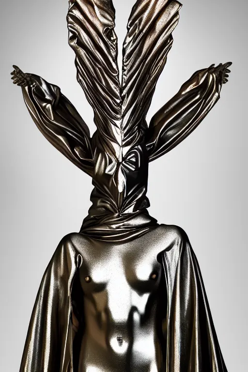 Image similar to chrome carved statue of nordic goddess symmetrical three faced in one body, metallic polished sculpture, dressed with a colorful wrapped cotton cloak, made by antonio corradini, and dug stanat macabre art, dark surrealism, epic and cinematic view, volummetric light, texturized, detailed, 8 k