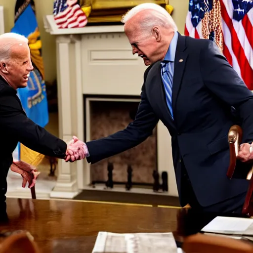 Prompt: michael scott shaking hands with joe biden, press photo, hd, detailed