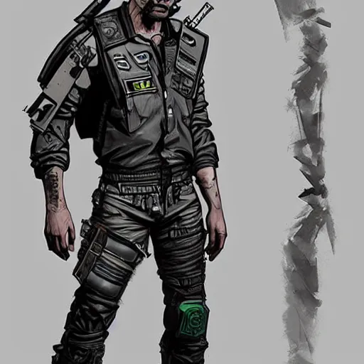 Image similar to Dangerous Hector. buff cyberpunk mercenary wearing a cyberpunk headset, military vest, and jumpsuit. Square face. Concept art by Sherree Valintine Daines and James Gurney. Industrial setting. ArtstationHQ. Creative character design for cyberpunk 2077.