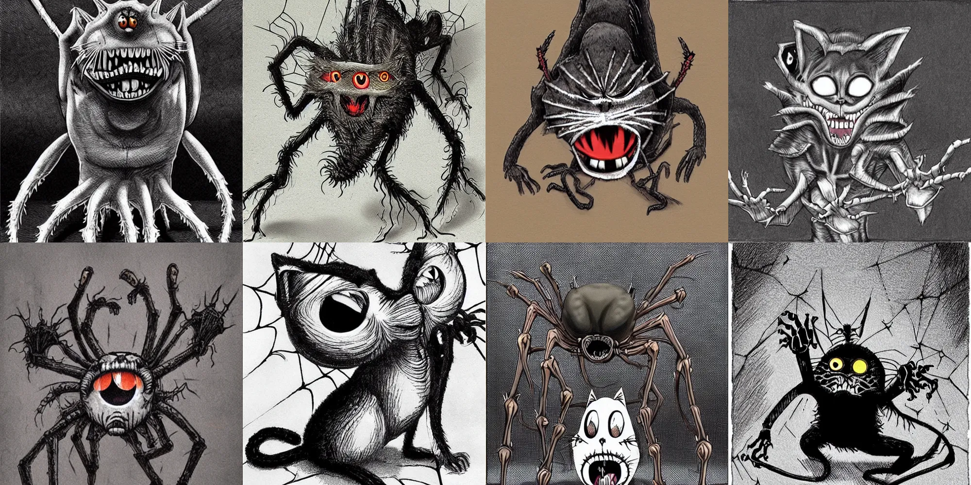 Prompt: an undead cat with spider legs coming out of its mouth. it has multiple eyes, by kentaro miura