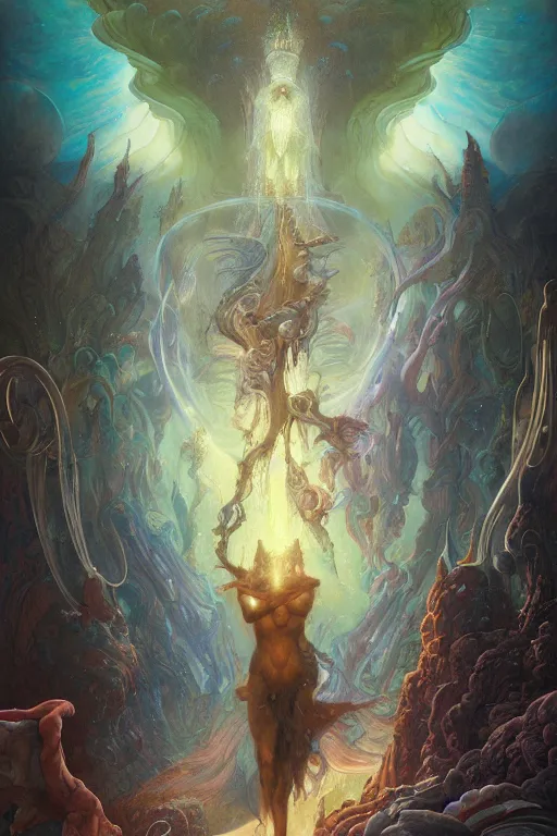 Prompt: god of nebula portals, fantasy drawing, ultra realistic, wide angle, art nouveau, intricate details, rainbowshift, vivid colors, highly detailed by peter mohrbacher, wayne barlowe, maxfield parrish, aaron horkey, gaston bussiere, craig mullins