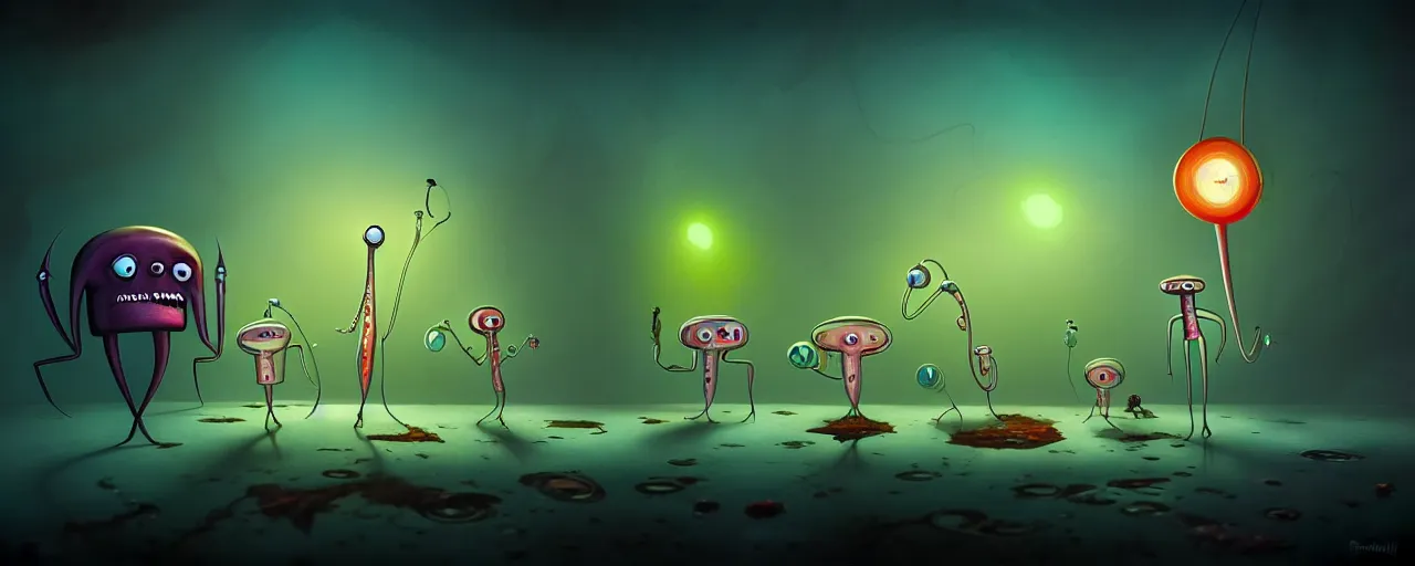 Image similar to wild whimsical plankton mutants from the depths of a wasteland deep in the imaginal realm, dramatic lighting, surreal fleischer cartoon characters, shallow dof, surreal painting by ronny khalil