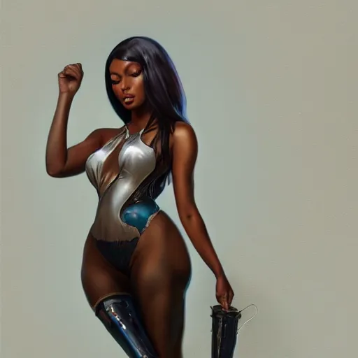 Image similar to full figure ultra realistic illustration, megan thee stallion, intricate, elegant, highly detailed, digital painting, artstation, concept art, smooth, sharp focus, illustration, art by artgerm and greg rutkowski and alphonse mucha