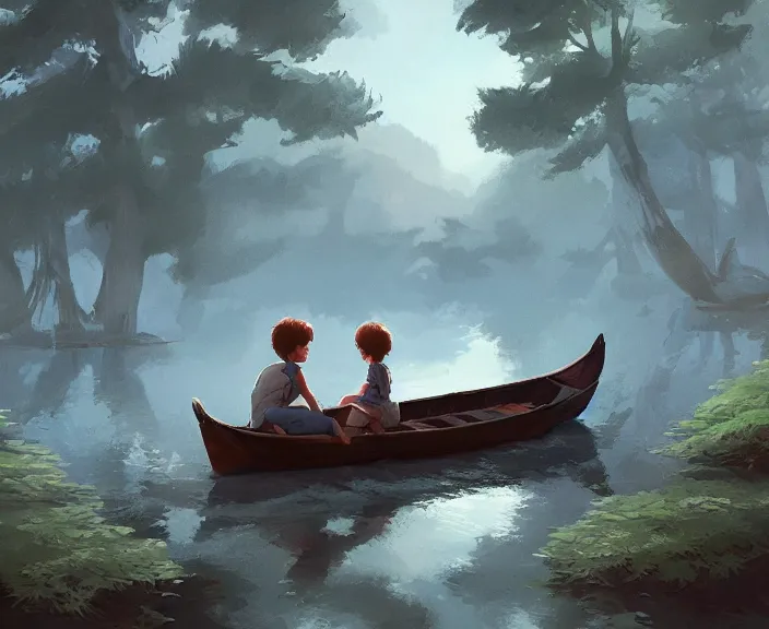 Prompt: a boy and a girl paid sitting together romantically on a long rowboat, girl is leaning on boy’s shoulder. Ripples, trees, shady, atmospheric lighting, details, sharp focus, illustration, by Jordan Grimmer and greg rutkowski, Trending artstation, pixiv, digital art