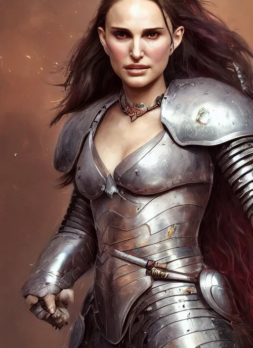 Image similar to portrait of natalie portman as a legendary knight warrior, au naturel, hyper detailed, digital art, trending in artstation, cinematic lighting, studio quality, smooth render, unreal engine 5 rendered, octane rendered, art style by klimt and nixeu and ian sprigger and wlop and krenz cushart.