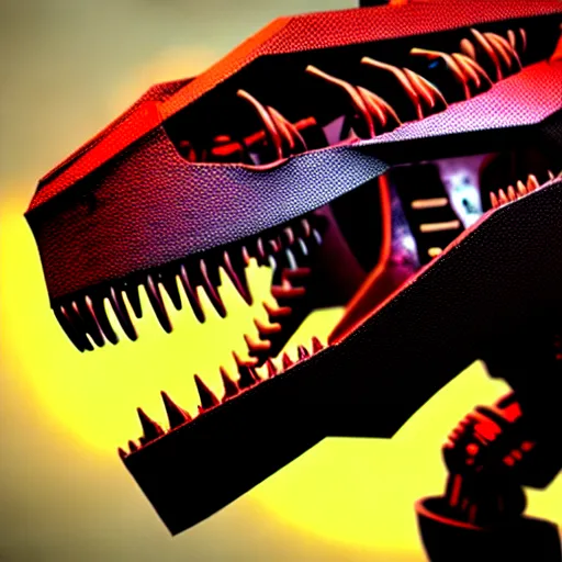 Image similar to a 3D hyperrealistic octane render illustration of a extremely detailed cyborg cyberpunk t-rex