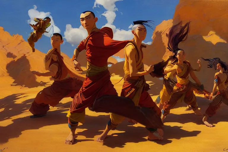 Prompt: airbending nomads from avatar the last airbender, vibrant colors and hard shadows and strong rim light, cool tones, painting by gaston bussiere, craig mullins, j. c. leyendecker