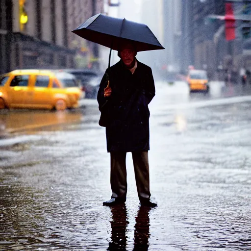 Image similar to closeup portrait of a man fishing in a puddle rainy new york street, by Annie Leibovitz and Steve McCurry, natural light, detailed face, CANON Eos C300, ƒ1.8, 35mm, 8K, medium-format print