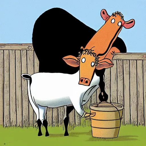 Prompt: far side comic strip, gary larson, a cow points at a bucket, illustration