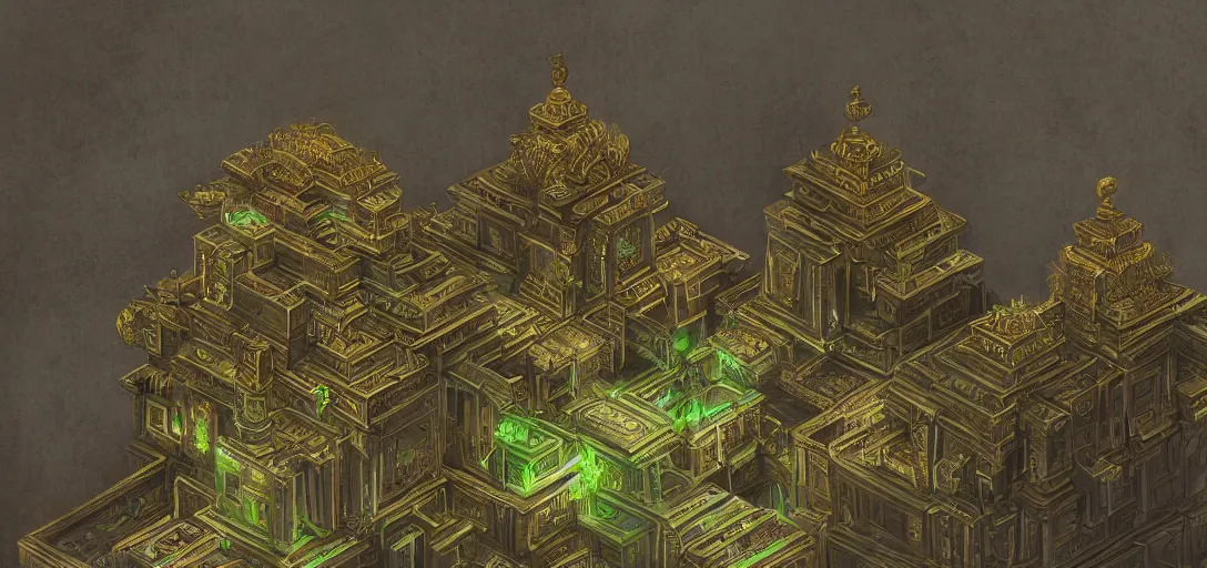 Image similar to extreme long shot of strange temple, the building is covert with glyphs and on the top of the temple big gold design, hyper detailed, trending on artstation, green tones, glow