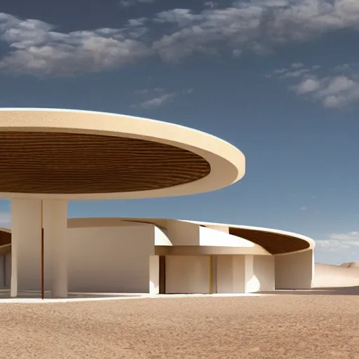 Image similar to architectural rendering of biophilia building in the desert, biomimetry shape, peaceful