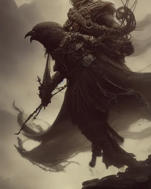 Prompt: powerful bard. rugged, tired, ornate, crow. male portrait, elden ring, d & d, heavy robe, detailed environment, ominous. highly detailed fantasy octane render by rossdraws, ruan jia, peter mohrbacher, thomas kinkade, karl spitzweg. unreal engine 5, sharp focus, award winning, cool white