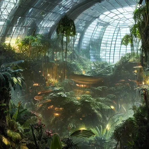 Image similar to stunning indoor lsd jungle by greg rutkowski inside epic high technology biodome designed by zaha hadid, ultra detailed, trending on deviantart