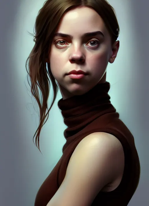 Image similar to portrait of a full body of beautiful young female detective, d & d, sleeveless turtleneck, fantasy, flat lighting, intricate, highly detailed, digital painting, artstation, concept art, smooth, sharp focus, illustration, billie eilish, art by simon bisley and greg rutkowski and alphonse mucha, natural tpose