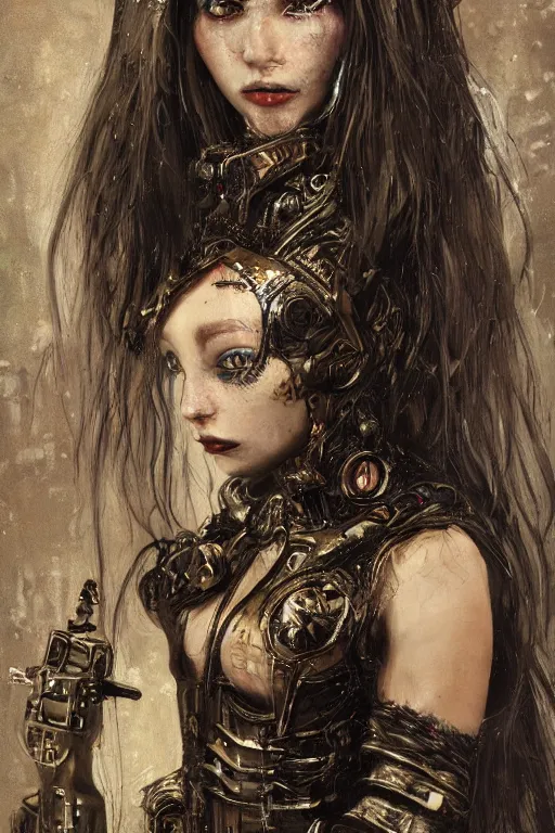 Image similar to portrait of beautiful young gothic maiden, cyberpunk armor, a lot of scars, warhammer, highly detailed, artstation, illustration, art by gustav klimt