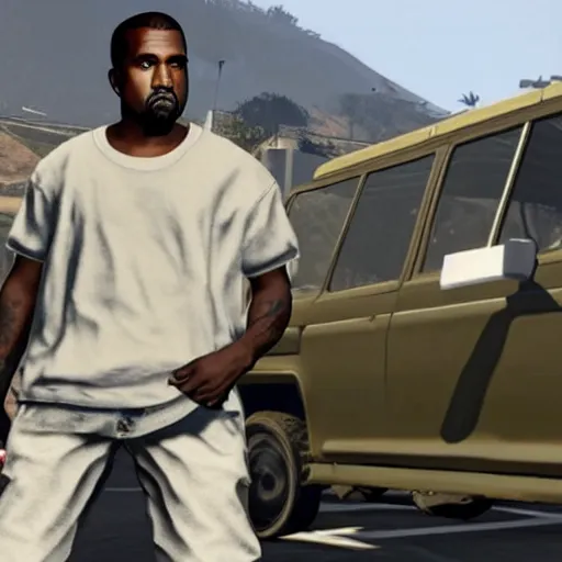 Image similar to kanye west in gta v, he is standing on a podest