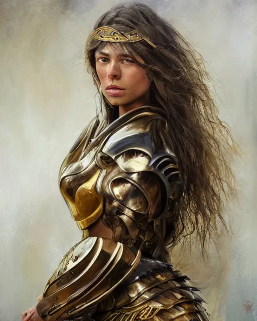 Image similar to beautiful female warrior, half body portrait, long flowing hair, heavy gold armour, realistic oil painting by boris valejo