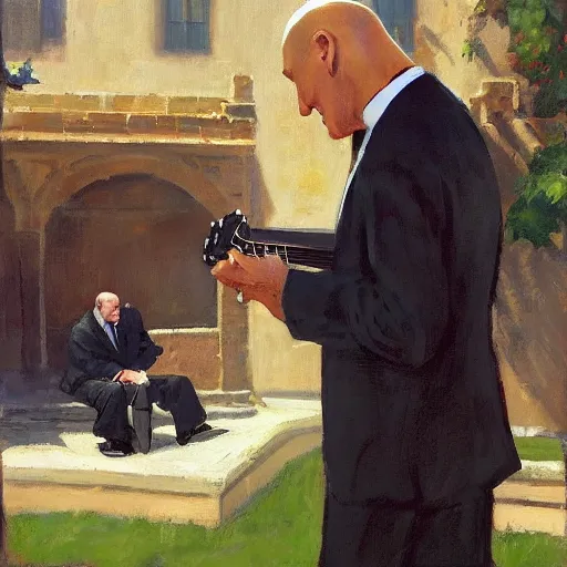 Image similar to a portrait of agent 4 7 from hitman playing a guitar in a monestary garden next to an elderly priest, by gregory manchess, james gurney, james jean