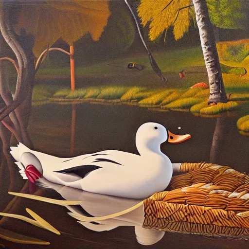Prompt: a duck on the prowl oil painting kent monkman