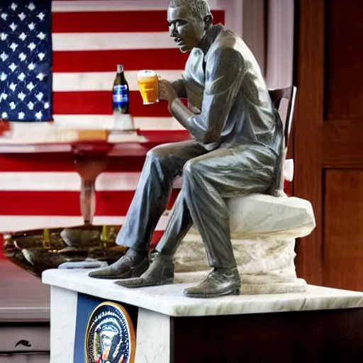 Image similar to a statue of obama drinking beer, handcrafted marble, presidential statue, obama, beer